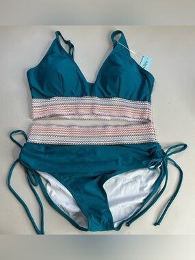 Adisputent Bikini Set XL Teal Green Full Coverage V Neck New Swimsuit Hi Waist
